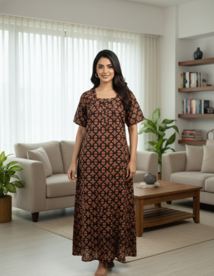 Pure Cotton Ajrak Print Nighty - Authentic Indian Handblock (Highlights material quality and traditional craft)