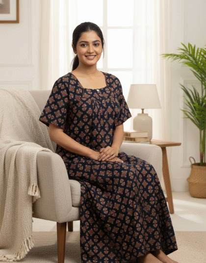 Ajrak Hand-Block Print Cotton Full-Length Nighty / Nightgown