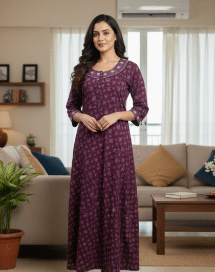 Soft Alpine Fabric Embroidered Nighty - All-Day Comfort Nightwear