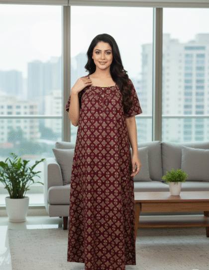 Authentic Ajrak Print Cotton Nighty | Comfortable Long Nightgown
