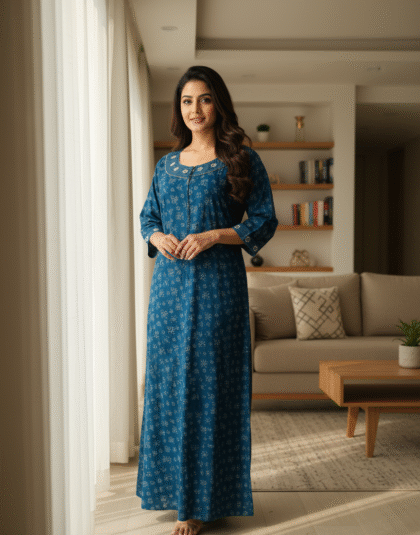 Alpine Embroidery Nighty for Women | Comfortable Printed Night Dress
